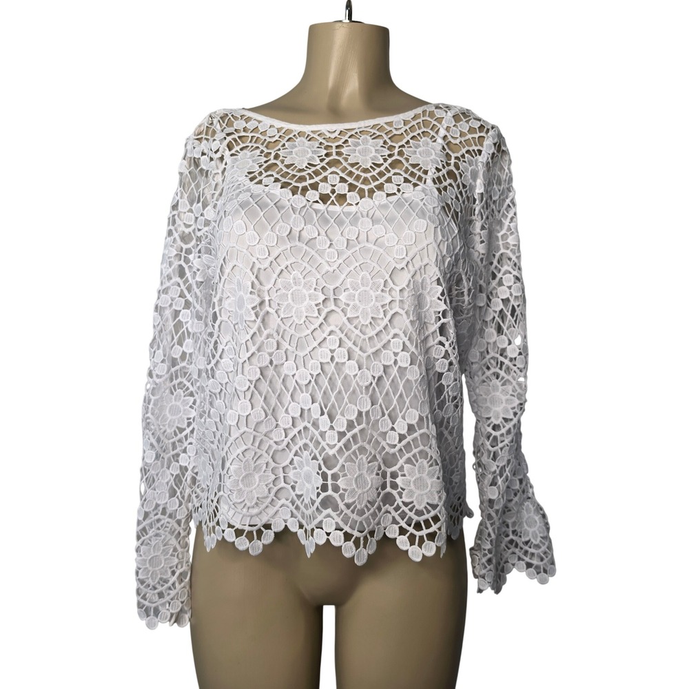 Vince Camuto Blouse Womens M White Floral Crochet Lace Long Sleeve Lined Top